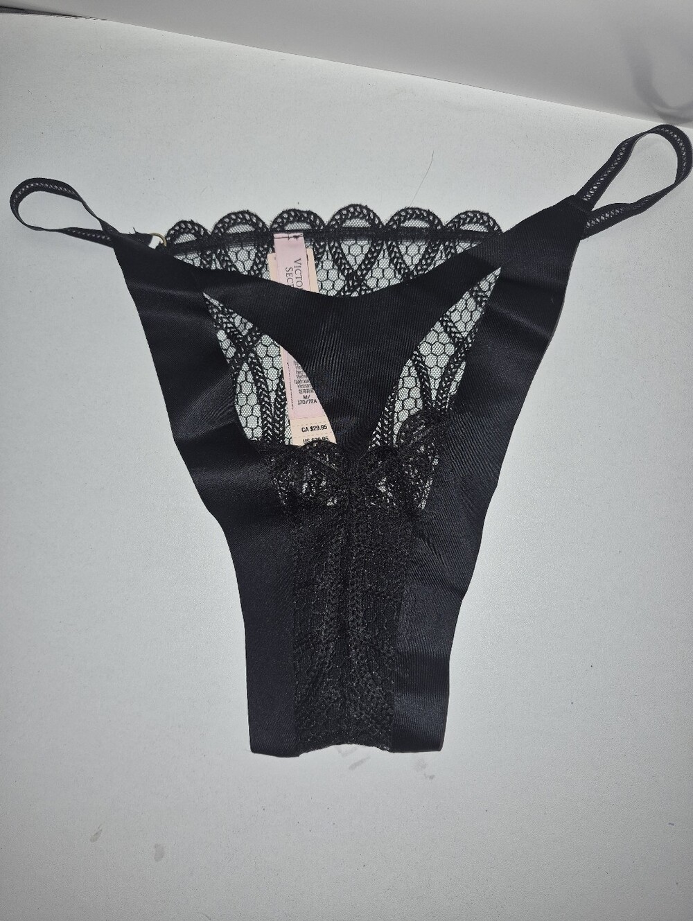 Victorias Secret Black Lace-Trim Satin Thong - Women's Intimates